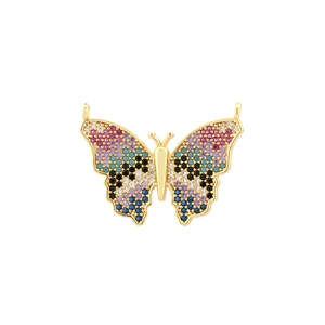 Golden butterfly pendant with colorful zircon stones and double rings for DIY jewelry