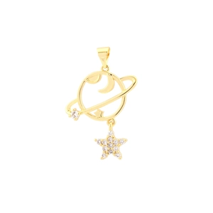 Macro shot of gold planet pendant with hollow moon and zircon star charm detail