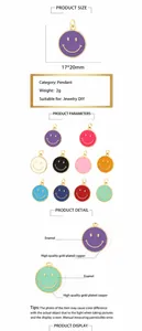 Detail view of 17x20mm gold-plated enamel smiley face charms with size and color specs
