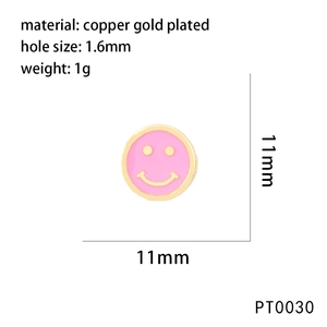 Detail of 11mm copper gold plated charm with pink enamel smiley face and technical specs