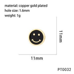 Detail view of 11mm copper gold plated smiley bead with dimensions and technical specs