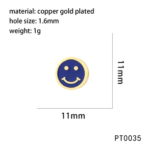 Detail of 11mm copper gold plated charm with blue enamel smiley face and 1.6mm hole
