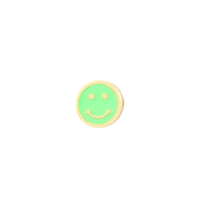 Detail of mint green enamel smiley face charm bead with gold-plated copper finish