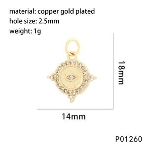 Dibujo técnico de un colgante de ojo de cobre bañado en oro de 1g con medidas 18x14mm