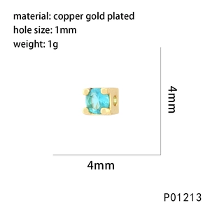 Square gold plated copper bead with light blue zircon for jewelry making 4x4mm