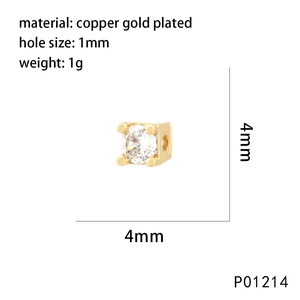 Gold-plated copper square bead with round cubic zirconia for DIY jewelry making
