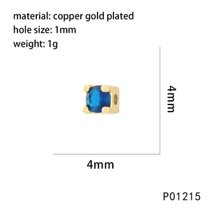 Technical drawing of a 4mm gold plated square bead with a blue zircon for DIY jewelry