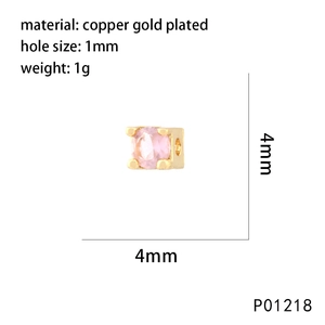 Detail of 4mm copper gold plated square bead with pink zircon for jewelry making