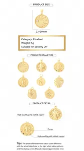 Detailed macro view of 18k gold plated religious coin pendants with colorful zircon inlay