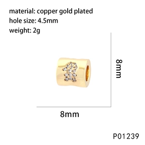 Perle cylindrique dorée de 8mm avec motif ours pavé et trou central de 4.5mm pour bijoux