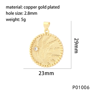 Religious style gold plated round pendant with embossed texture and white zircon stone