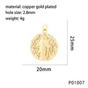 Macro view of gold-plated Virgin Mary coin pendant with zircon stones and dimensions