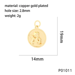 Detailed dimensions of a golden cherub relief pendant in copper gold plated finish
