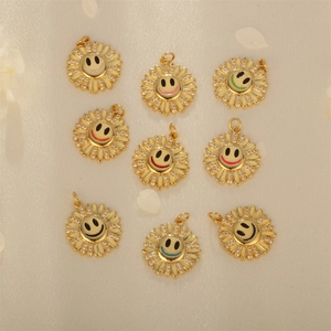 Copper Gold Plated Sunflower Smiley Face Pendant With White Zirconia Inlaid DIY Jewelry Necklace Making Accessories