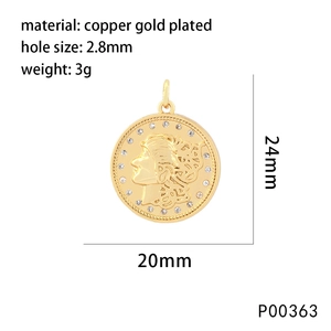 Copper gold plated round coin pendant with goddess relief and cubic zirconia border