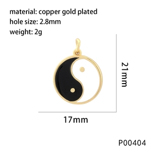 18K gold plated copper Tai Chi pendant with zircon inlay and black white enamel detail