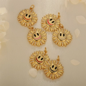 DIY gold plated sunflower smiley face pendants with sparkling cubic zirconia accents