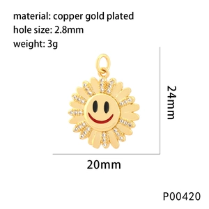 Gold plated sunflower smiley face pendant with zircon petals and dimension details