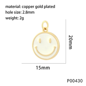 Gold-plated copper smiley face charm pendant for DIY jewelry making 15mm x 20mm