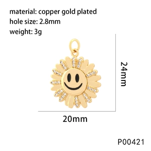 Gold-plated copper sunflower smiley face pendant with white zircons and black enamel details