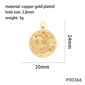 Macro detail of lion head pendant showing 24mm diameter and copper gold finish