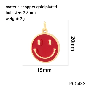 Detailed specs of red enamel smiley face pendant in gold plated copper 20x15mm