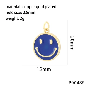 Detailed view of 15mm copper gold plated blue smiley face pendant for DIY jewelry
