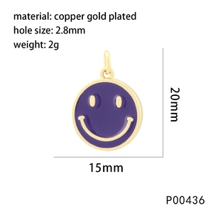 Detailed dimension guide for purple enamel smiley face charm with gold plated finish