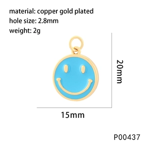 Detailed view of 15x20mm blue enamel smiley face pendant in gold plated copper