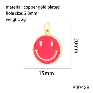Detailed dimensions of pink enamel smiley face charm with gold plated copper plating