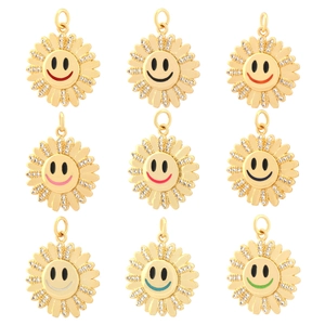 Nine-piece set of gold-plated sunflower smile pendants with colorful enamel and crystals
