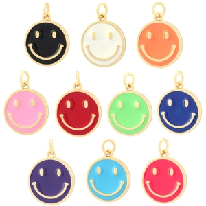 Set of 10 colorful enamel smiley face charms in gold plated copper for DIY jewelry making