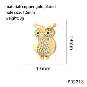 Detailed dimensions of a gold plated owl pendant bead with measurements and weight