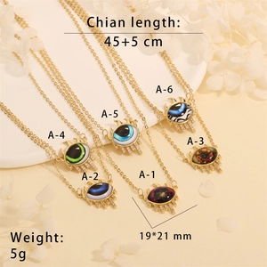 Detailed view of evil eye triangular pendants with gold eyelashes and zircon inlay