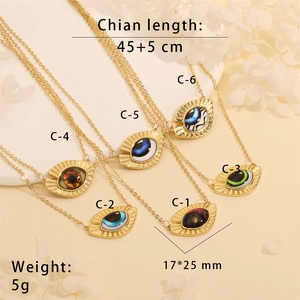 Detail view of colorful evil eye pendants with dimensions and chain length specs