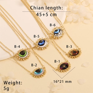 Detailed view of evil eye triangle pendants in various colors with sizing measurements