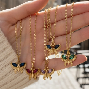 Gold Plated Copper Butterfly Pendant Necklace For Women Colorful Zirconia Animal Charm Clavicle Chain Minimalist Gift