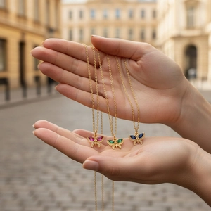 Detailed outdoor view of 18K gold plated butterfly necklaces with colorful zircon stones
