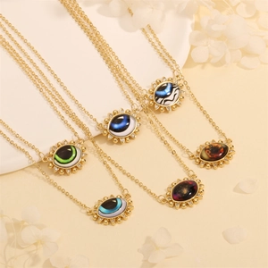 Detailed view of evil eye triangle necklaces in varied colors with golden chain and gems