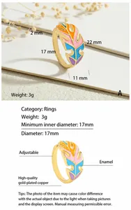 Detail view of colorful enamel leaf open ring with gold plating and adjustable band