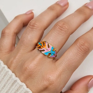 Bohemian gold-plated monstera leaf open ring with colorful enamel detailing for women