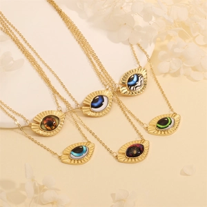 Detailed set of evil eye necklaces with colorful triangular pendants on warm background