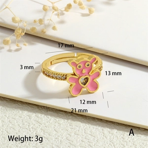 Detailed dimensions of gold open ring with pink enamel bear and heart zircon stone