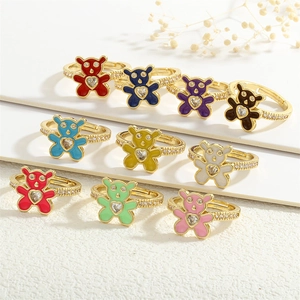 Colorful enamel bear open rings with heart zircon and crystal pavé in gold finish