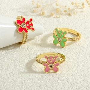 Colorful enamel bear rings with heart zircon and crystal pavé on adjustable gold bands