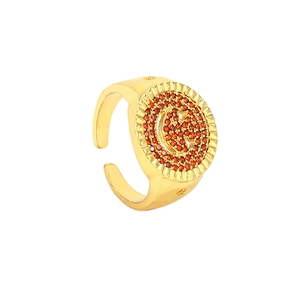 Anillo abierto de oro de lujo con cara sonriente de circonitas naranjas y estrellas