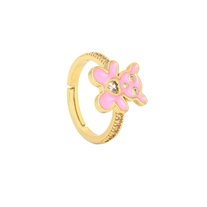 Adjustable gold ring featuring a pink enamel bear with a heart zircon stone inlay