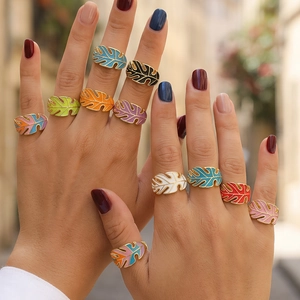 Bohemian Monstera Leaf Open Ring For Women Gold Plated Copper Enamel Drip Oil Adjustable Fashion Jewelry Finger Ring