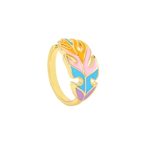 Bohemian colorful enamel leaf open ring with adjustable gold plated metal for women