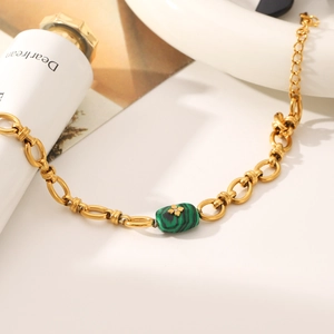 Bracelet Vintage en Acier Inoxydable avec Malachite pour Femme Plaqué Or 18K Fleur Rétro Chaîne en O Bijoux de Luxe